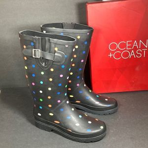 NWT Ladies Rubber Boats by ocean and coast black with multi color polka …